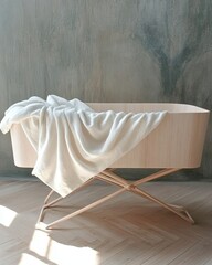 Poster - Minimalist Wooden Cradle With Soft White Blanket on Light Wooden Floor Creating a Serene Atmosphere