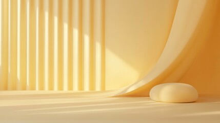Poster - Minimalist pastel yellow studio background with smooth curves and sunlight shadows.