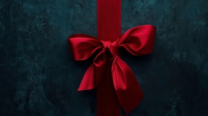 Wall Mural - Red satin ribbon bow on dark blue textured background.