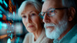 © Dmitri - Elderly couple analyzing futuristic digital interface, focused on technology, healthcare monitoring, innovation, and advanced AI solutions.