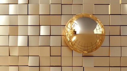 Poster - Golden sphere rests on a grid of gold cubes.