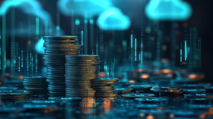 Poster - Stacks of coins against a backdrop of digital data and cloud computing.