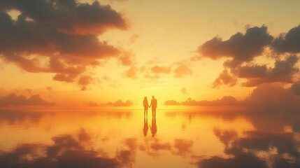 Wall Mural - Romantic Couple Silhouette at Sunset Ocean Reflection