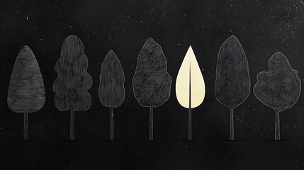 Wall Mural - A minimalist illustration of various tree silhouettes in black, with one distinctive white leaf, highlighting nature and simplicity.