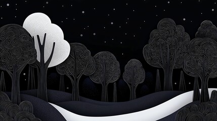 Wall Mural - A serene night landscape featuring stylized trees, a winding path, and a full moon against a dark starry sky.