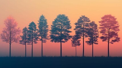 Wall Mural - a serene landscape featuring silhouetted trees against a vibrant sunset with soft hues of pink and b