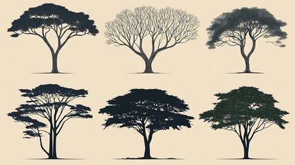 Wall Mural - A collection of artistic tree illustrations showcasing various shapes and sizes against a neutral background.