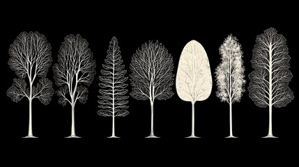 Wall Mural - A minimalist illustration showcasing various tree silhouettes in white against a black background, highlighting their distinct shapes and forms.