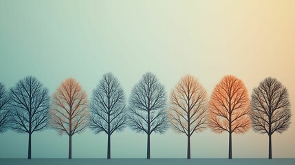 Wall Mural - a serene landscape featuring a row of stylized trees with a gradient background transitioning from b