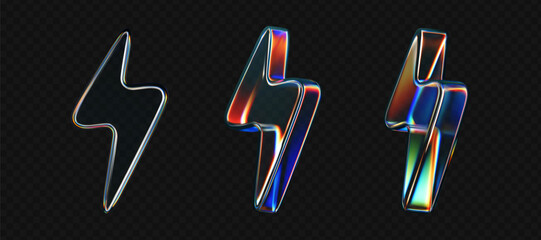 Wall Mural - 3d glass lightning icons with holographic effect isolated on black background. render transparent gl