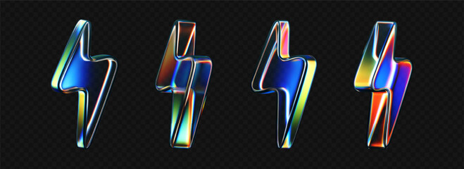Wall Mural - 3d glass lightning icons with holographic effect isolated on black background. render transparent gl