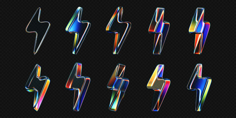 Wall Mural - 3d glass lightning icons with holographic effect isolated on black background. render transparent gl