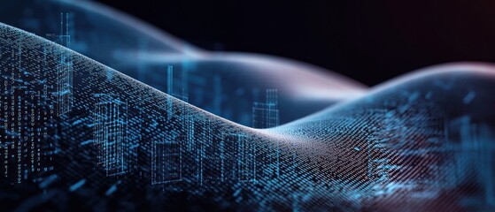 Digital city skyline wave, dark background, data flow, tech concept