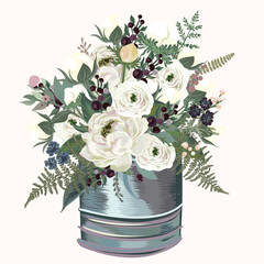 Poster - Floral vector illustration with blooming vintage peony flowers and plants