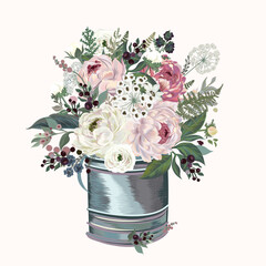 Poster - Floral vector illustration with blooming vintage roses and plants