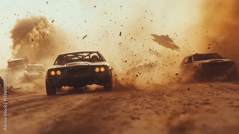 Post Apocalyptic Racing In a post-apocalyptic desert, an old car race unfolds, with vintage ...
