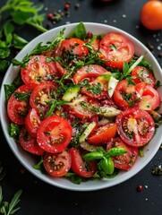 Poster - A vibrant garden salad with fresh tomatoes, basil leaves and Parmesan cheese drizzled with balsamic dressing.