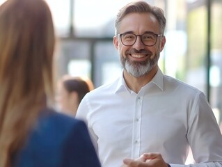 Wall Mural - Man with glasses is smiling at a woman. The woman is smiling back at him. Scene is friendly and positive