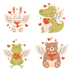 Wall Mural - Set of illustrations for Valentine's Day. Animal cupids. Crocodile, bear, frog, hare. Flat vector illustration.