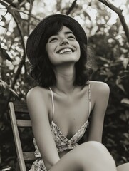 Canvas Print - Woman wearing a black hat and a white dress is sitting on a wooden chair. She is smiling and looking up at the sky