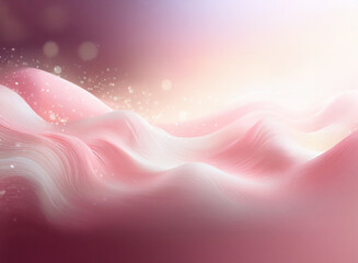 Wall Mural - soft, pink and white waves flow across a dreamy, light-filled landscape. glowing particles dance abo