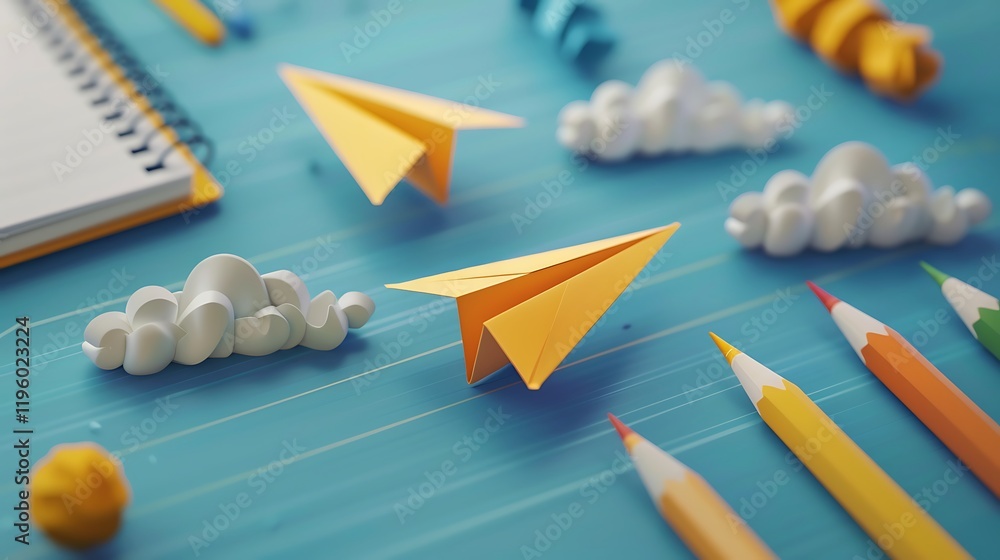 School notebook background. 3d flying yellow paper airplanes. Vector ...