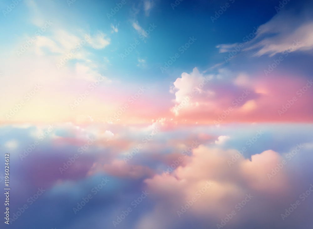 Serene pastel sky, fluffy cloudscape at sunrise or sunset.  A dreamy, ethereal view from above the clouds.