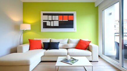 Sticker - Contemporary living room with green walls, a sectional sofa, and ambient table lamps.