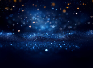 Wall Mural - dark blue background with sparkling glitter and bokeh lights; a magical, dreamy, cosmic scene.