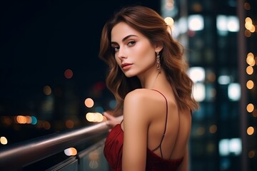 Wall Mural - beautiful young woman in red dress on the background of night city