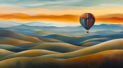 Wall Mural - Hot Air Balloon Over Scenic Sunset Landscape