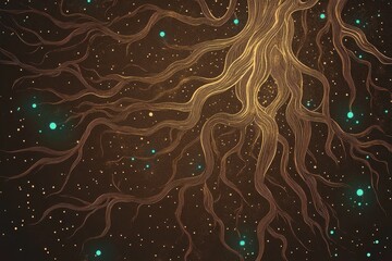 golden tree roots embracing celestial lights