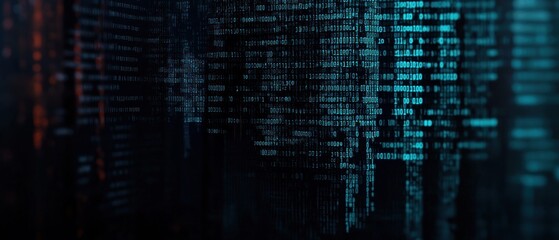 Digital code flows on screen, dark background, tech backdrop, website use