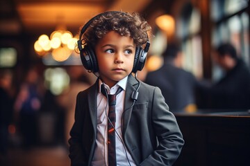 Wall Mural - Little boy with headphones listening to music in a cafe. Cute kid with curly hair and headphones.