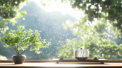 Wall Mural - Serene Window View: A windowsill bathed in soft morning sunlight, with a potted bonsai tree, a teapot, and a serene natural view beyond, inviting tranquility and contemplation. 