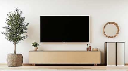 Wall Mural - Modern Minimalist Living Room: A sleek, minimalist living room features a large flat-screen television mounted on the wall above a wooden entertainment console.