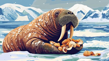 Wall Mural - Walrus in Arctic Seascape Holding Shells