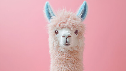 A cute stuffed llama with soft fur sitting on pastel colored background fluffy texture