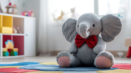 Wall Mural - A large stuffed elephant with red bowtie resting in a children's playroom