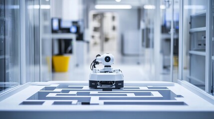 Wall Mural - a robot navigating a complex maze in a high-tech robotics research lab, clean and innovative researc