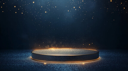 Wall Mural - Dark Blue Glittering Podium: An elegant, dark blue circular podium with golden accents sits bathed in ethereal light, surrounded by shimmering particles, creating a magical and luxurious display.