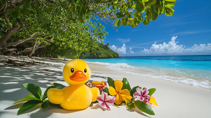 Wall Mural - A playful stuffed duck surrounded by tropical flowers on pristine white sand beach