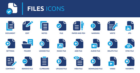 Leinwandbilder - Files icon set. Containing document, notes, edit, write, folder, contract, add file, JPG and more. Solid vector icons collection.