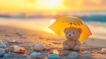 Wall Mural - A small stuffed lion under a tiny yellow umbrella at the beach sand and seashells around warm sunset glow