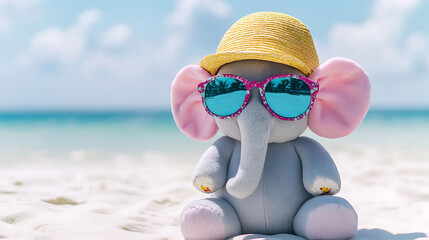 Wall Mural - A soft stuffed elephant with sunglasses and beach hat on a white sandy beach