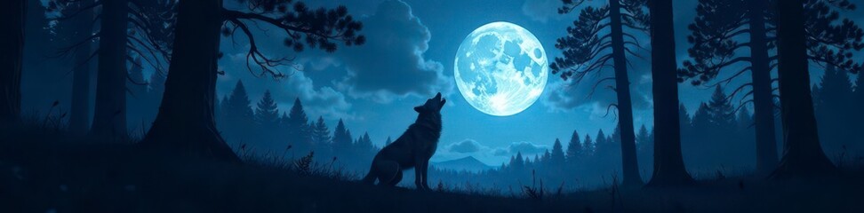 Wall Mural - Full moon night, forest dark silhouette, lone wolf howls, full moon,  wilderness,  wildlife