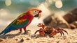 © Emma - A stuffed parrot sharing a tiny snack with a crab on the sandy shore