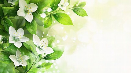 Wall Mural - Fresh Spring Design on White Background with Minimal Lines and Greenery