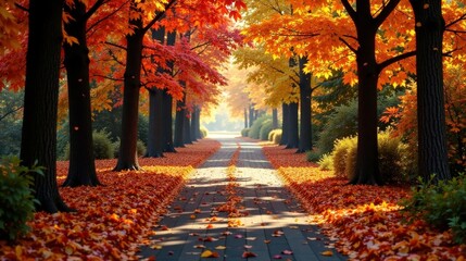 Wall Mural - Autumnal Pathway Sunlit Canopy of Crimson and Gold Leaves on a Brick Road