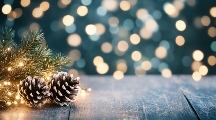 Wall Mural - Decorative pine cones and evergreen branches are arranged on a rustic wooden table, illuminated by soft, shimmering holiday lights